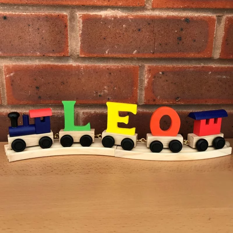 Multi-coloured-wooden-name-train