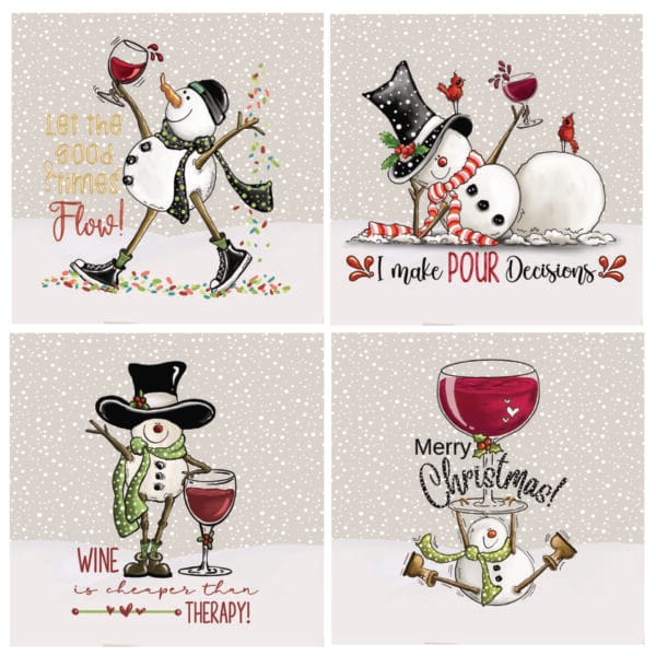 Four coasters each featuring a different snowman design