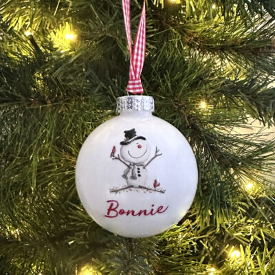 Personalised white cheerful snowman Christmas bauble
