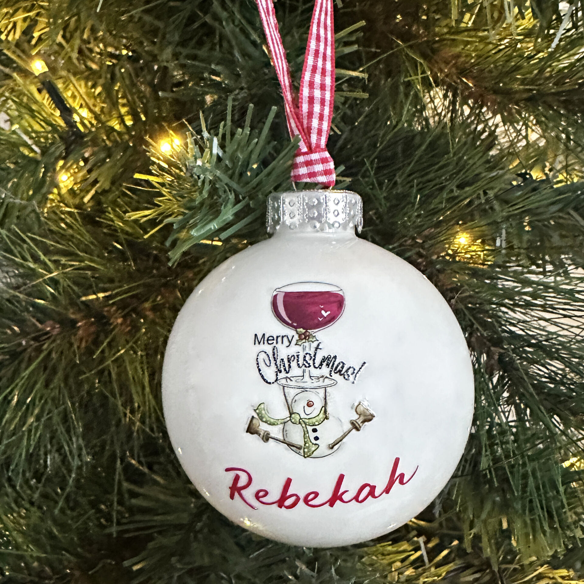 personalised white red wine snowman christmas bauble