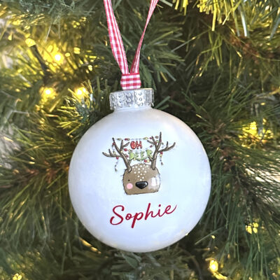 Personalised White Reindeer Christmas Bauble